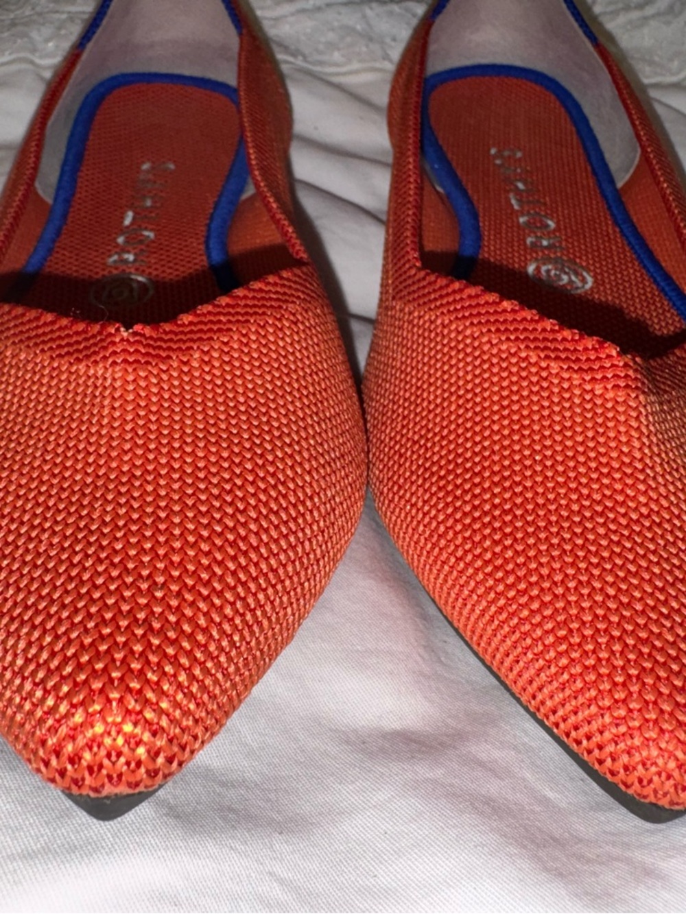 Rothy's Women's Pointed Knit Flats in Bright Orange with Blue Trim - Picture 6 of 8